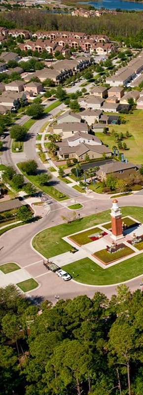 Aerial view of a neighborhood displaying rows of houses